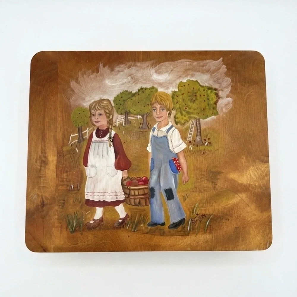 Vintage 1978 Hand Painted Folk Art Wooden Lap Desk Apple Picking J Burnley Box